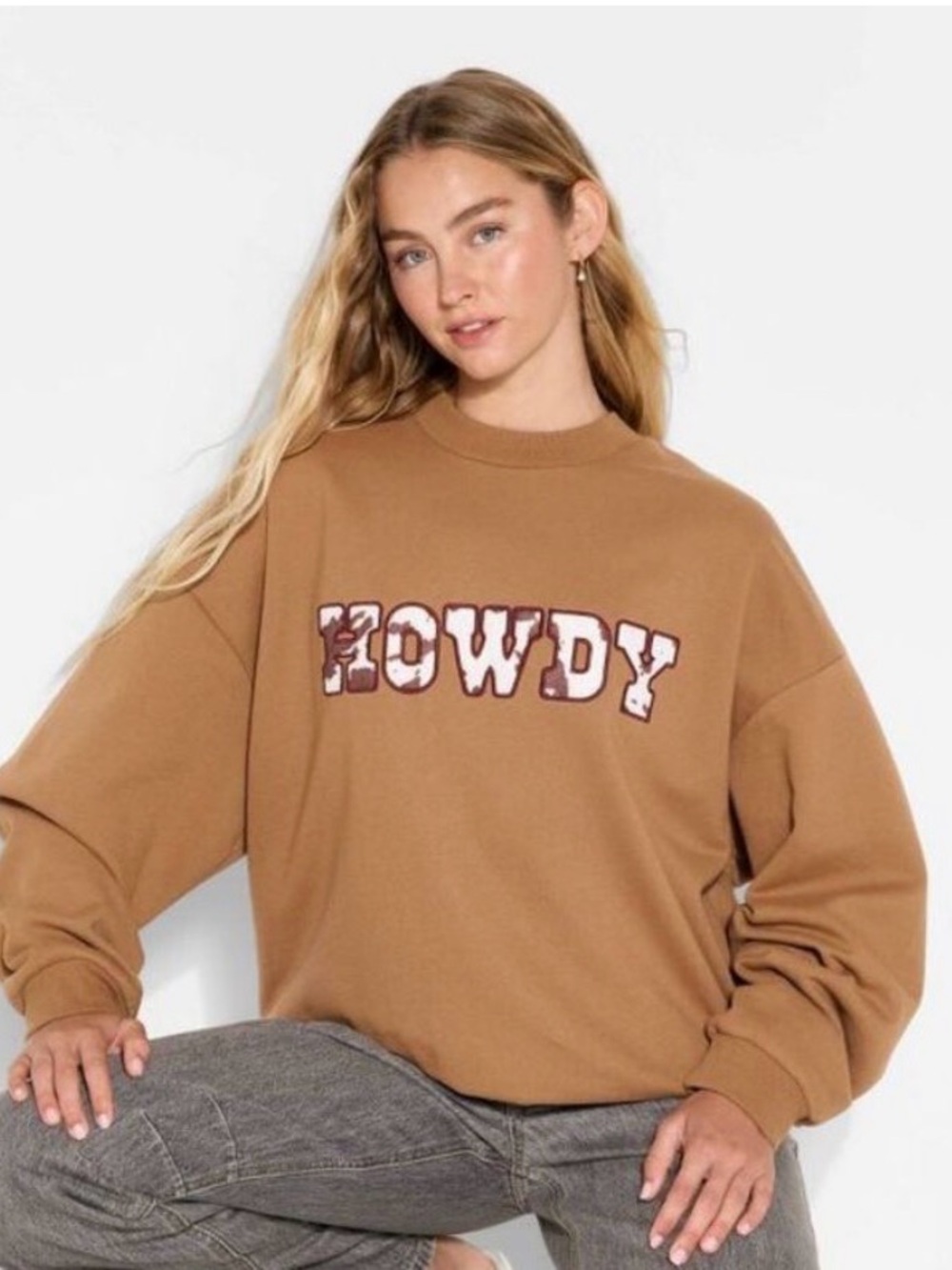 NWT Women's Howdy Cow Graphic Sweatshirt - Brown XS Faux cow hair Rodeo